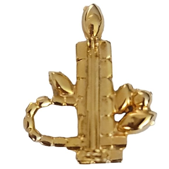 Gold Tone Red Clear Green Rhinestone Christmas Candle Brooch Pin K677 - Picture 4 of 8